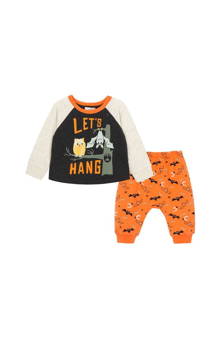 ORANGE BLACK AND WHITE  LONG-SLEEVE RAGLAN AND PANTS WITH AN OWL AND BAT ON THE FRONT AND "LET'S HANG"