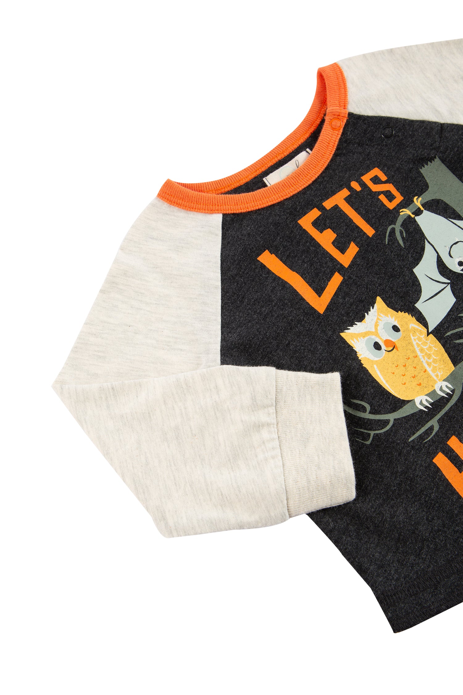 CLOSE UP OF ORANGE BLACK AND WHITE HALLOWEEN THEMED  RAGLAN WITH AN OWL AND BAT ON THE FRONT AND "LET'S HANG"