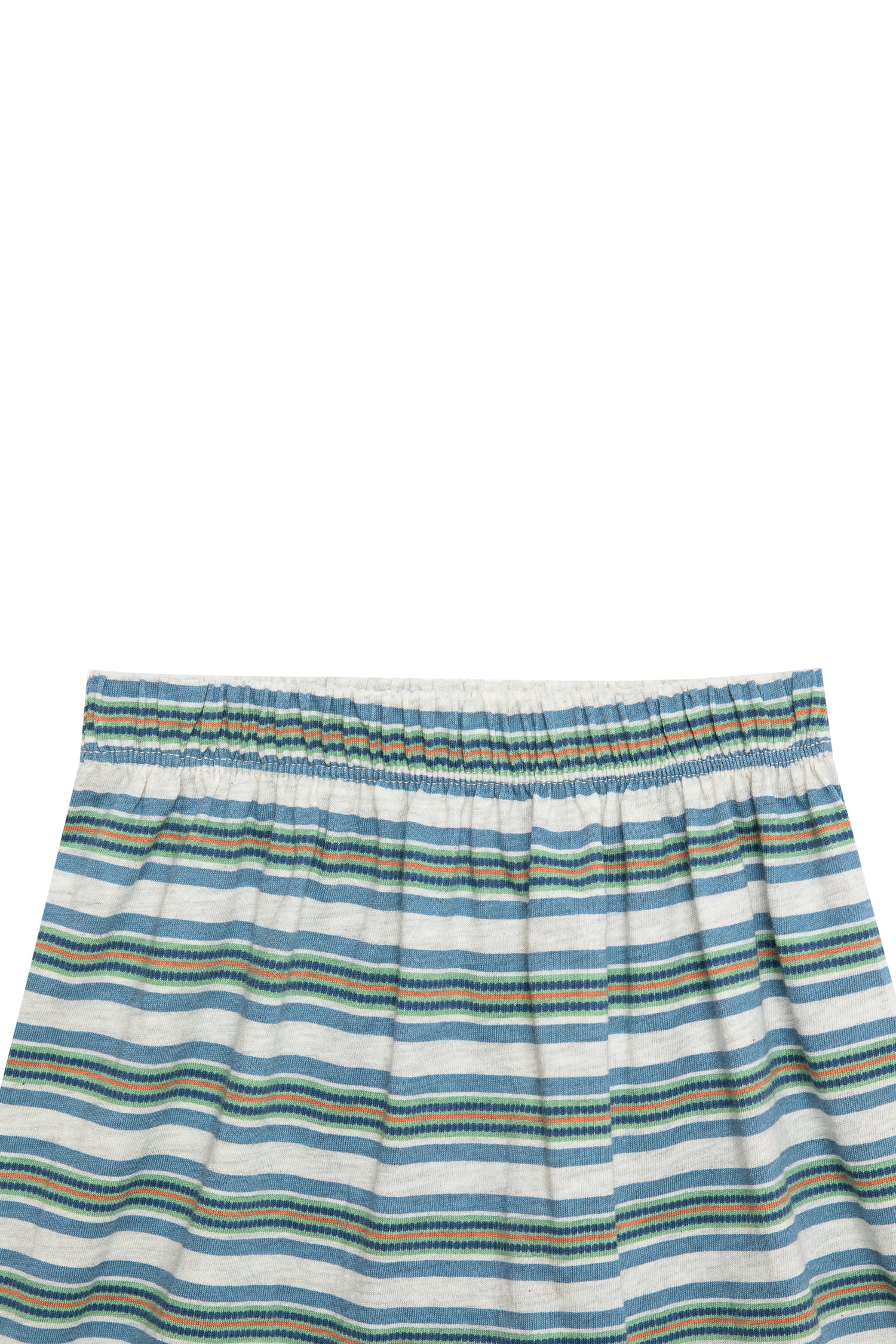 Close up view of striped blue, white, orange, and green shorts 