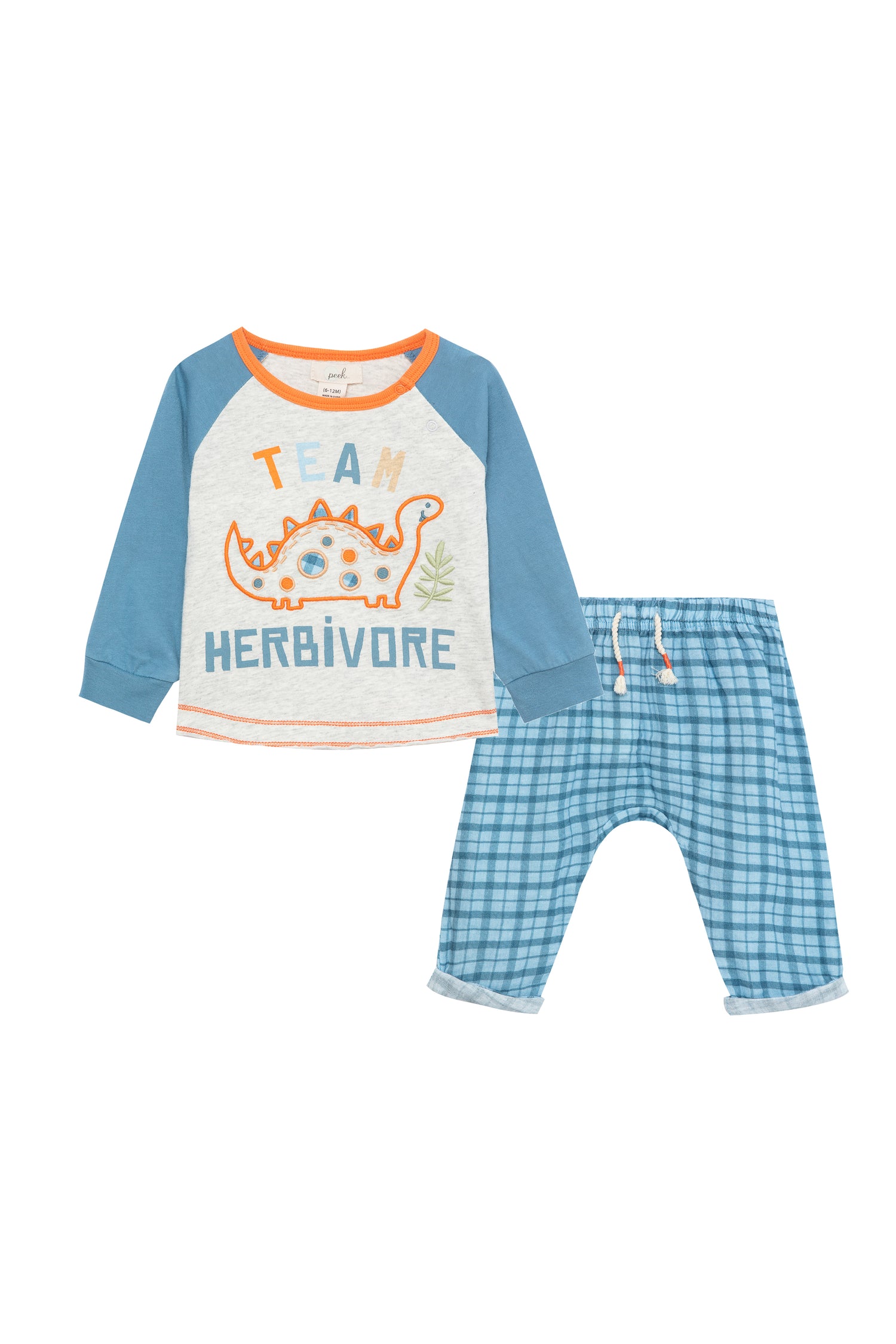 TWO PIECE SET FEATURING AN APPLIQUE DINOSAUR AND "TEAM HERBIVORE" VERBIAGE.