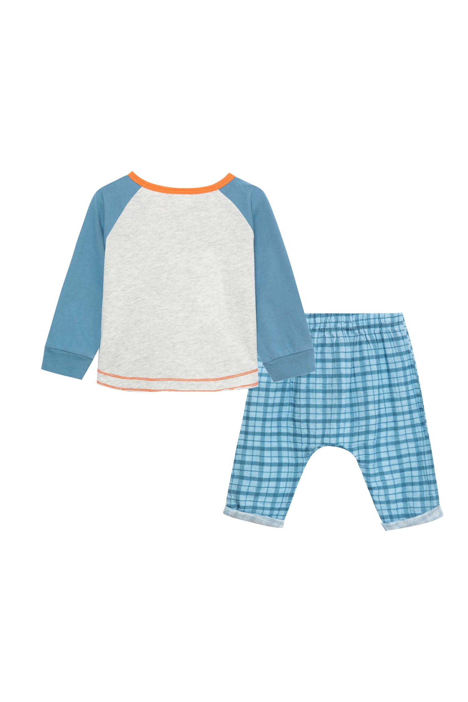 Back view of two piece set with blue and grey long sleeve top and blue plaid shorts