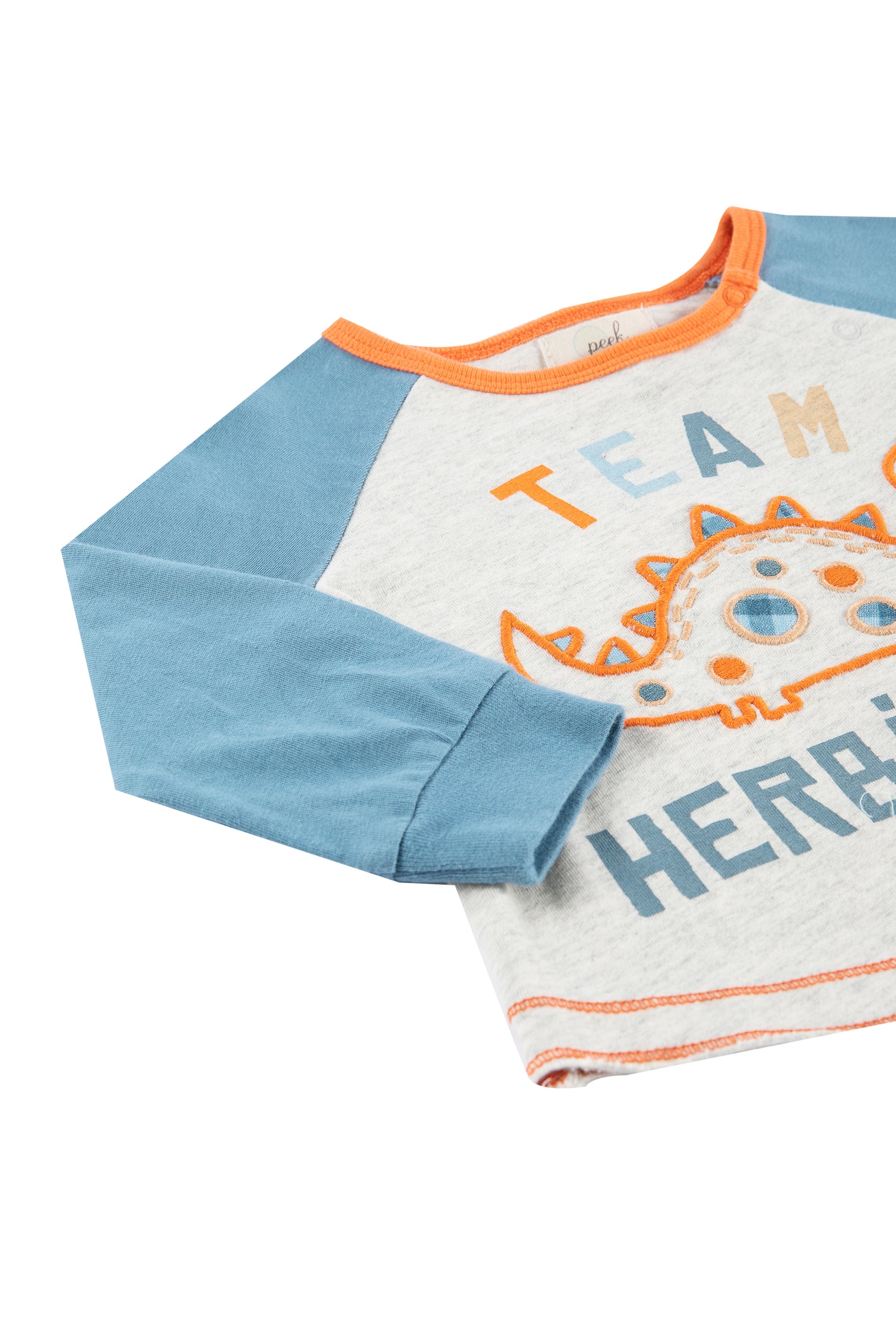Close up side view of long sleeve top featuring an applique dinosaur and "team herbivore" verbiage