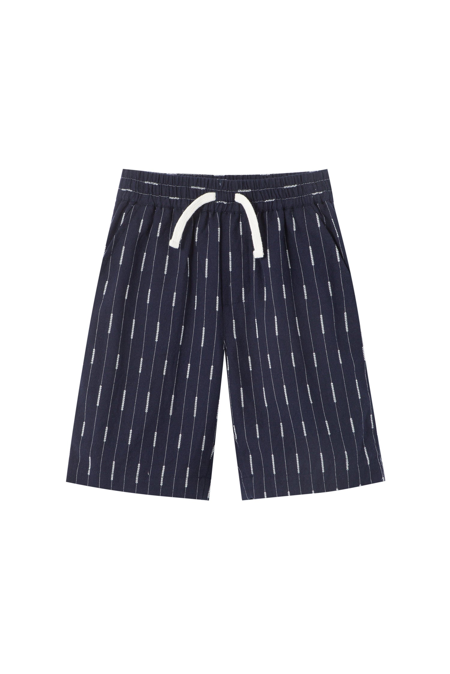 Navy blue elastic waist pull on shorts with Faux drawstring and embroidered white stripes. 