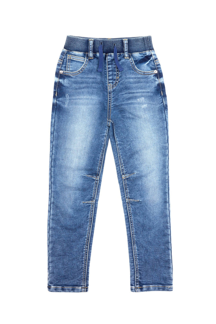 Distressed-look denim pants with elastic waist and Faux drawstring.