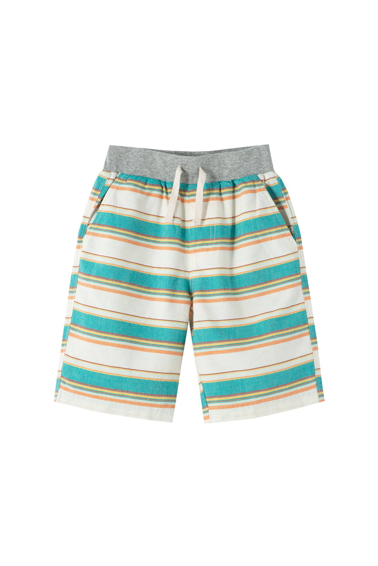 Blue, yellow, red striped shorts with elastic waist and faux drawstring. 