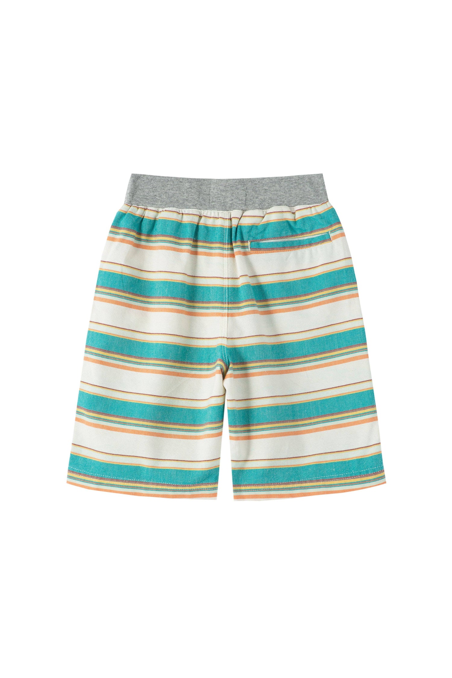 Back of blue, yellow, red striped shorts with elastic waist and one back pocket.