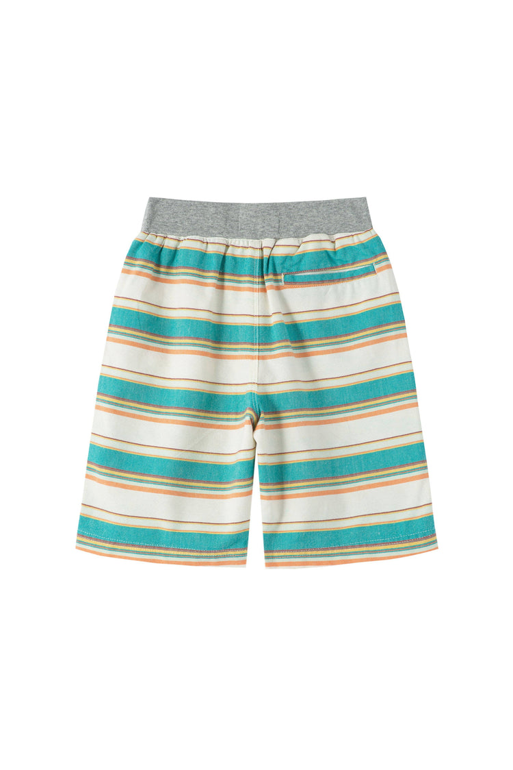 Back of blue, yellow, red striped shorts with elastic waist and one back pocket.