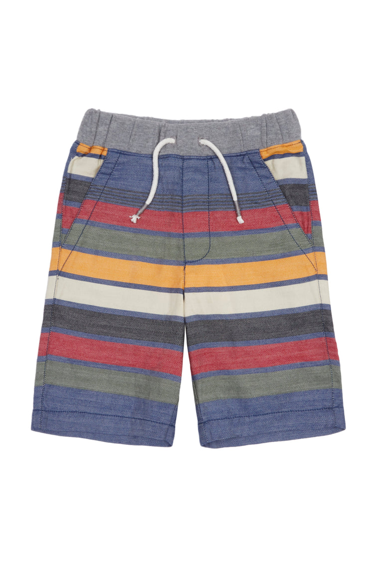 Blue, red and green striped shorts with elastic waist and faux drawstring. 