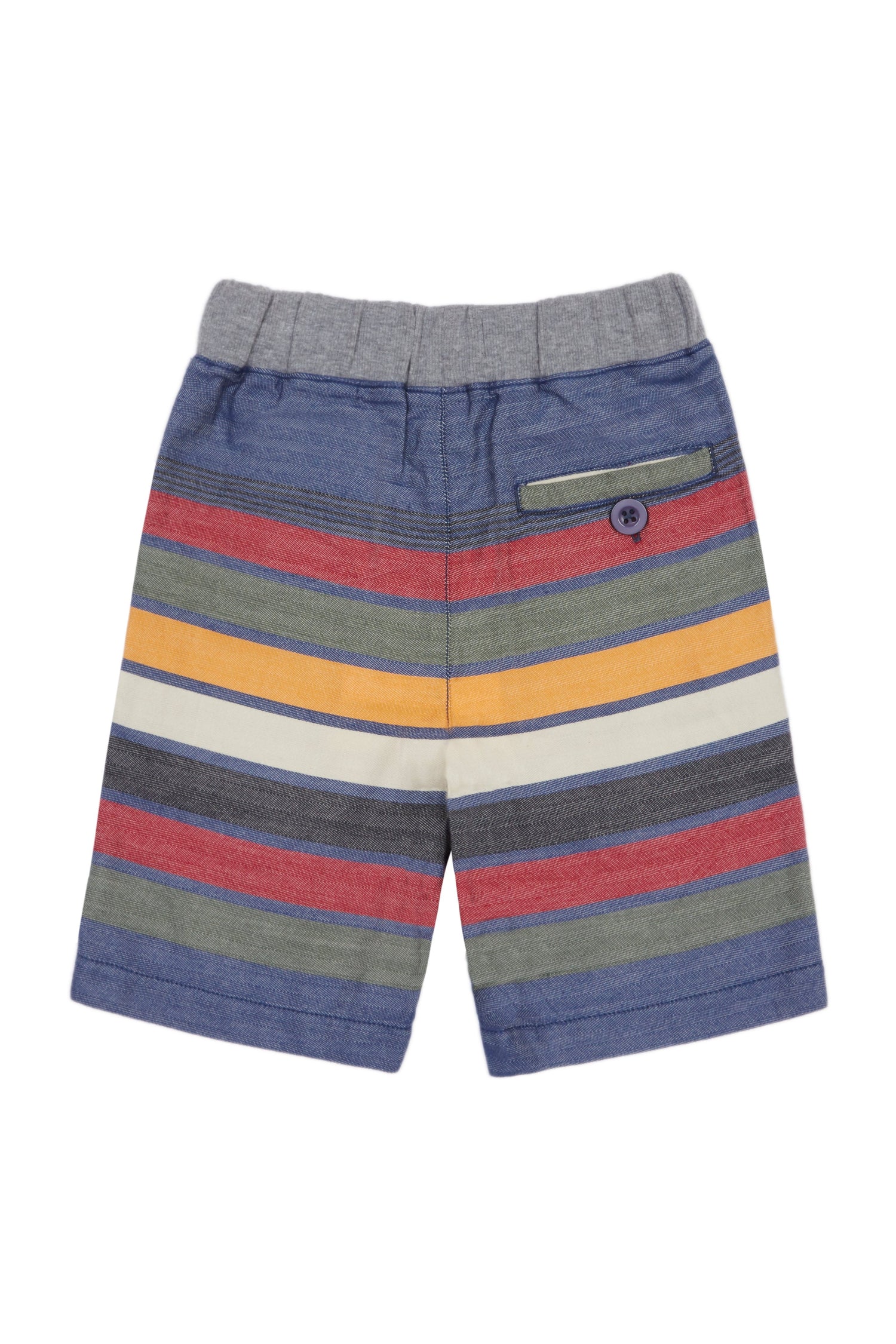 Back of blue, red and green striped shorts with elastic waist and one back pocket. 
