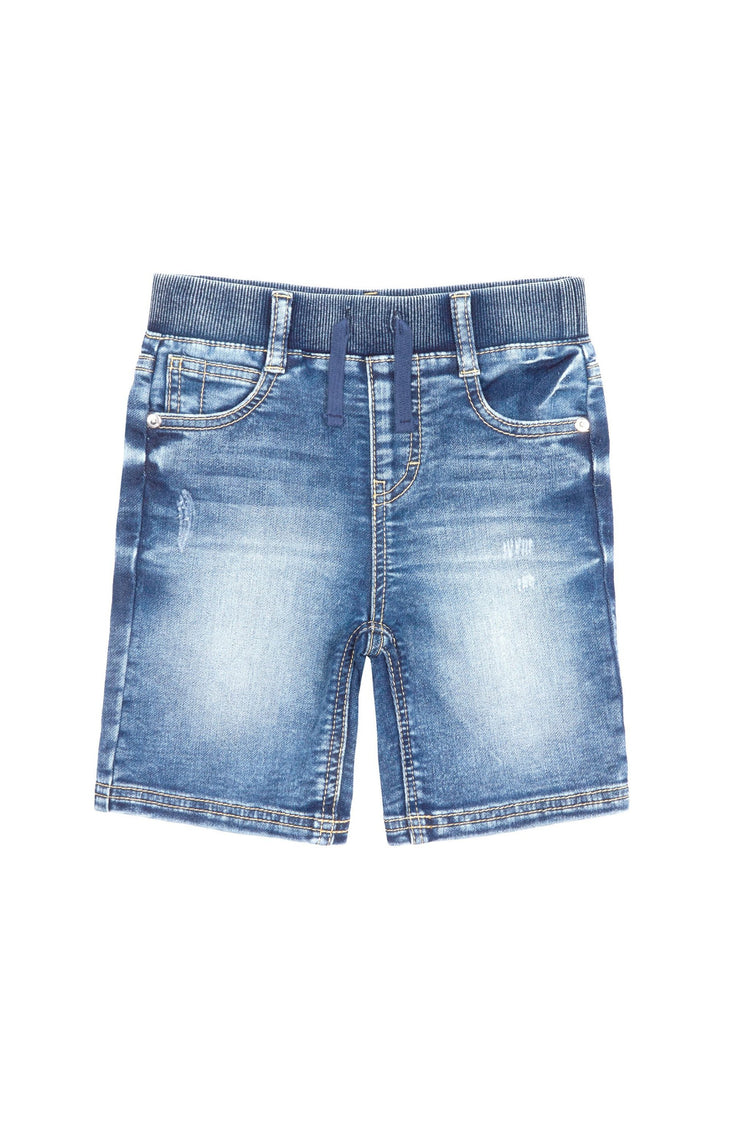 Distressed-look denim shorts with elastic waist and fuax drawstring.