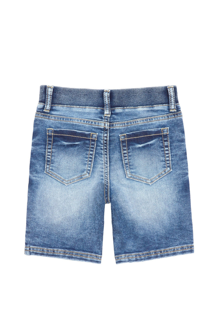 Back of distressed-look denim shorts with elastic waist and two back pockets.
