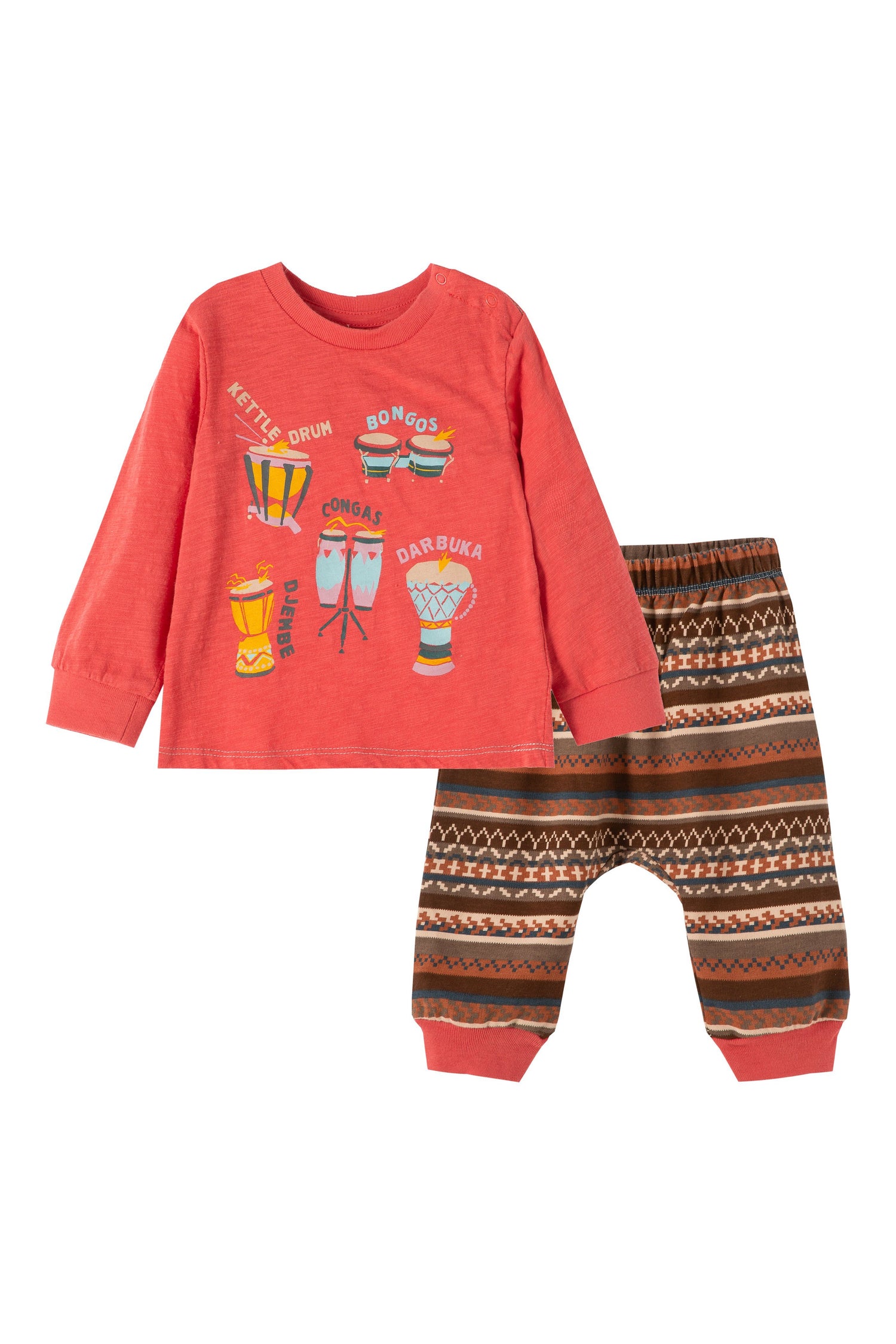 Red long sleeve t-shirt with images of different types of drums paired with multi-pattern, brown striped sweatpants. 