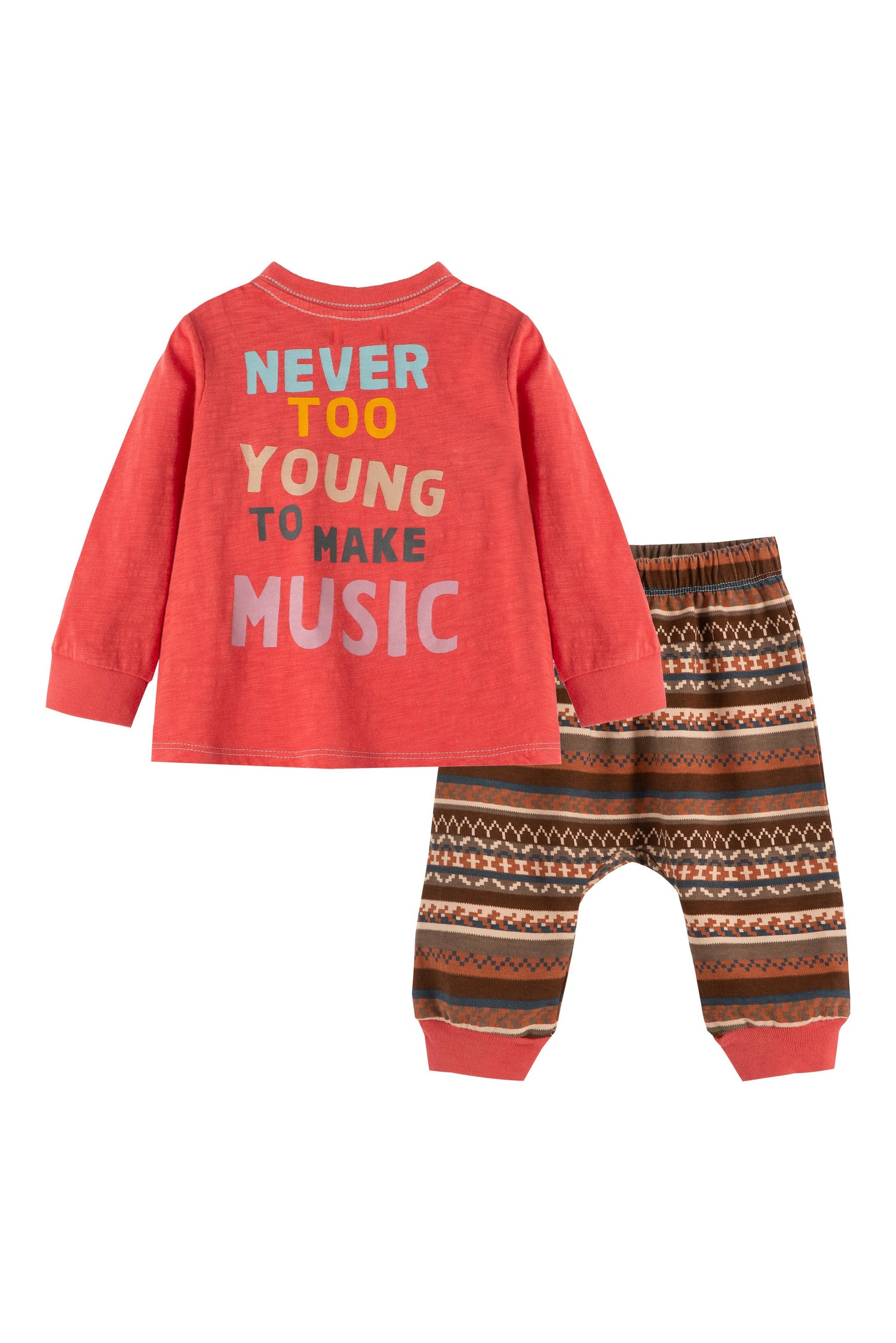 Back of red long sleeve t-shirt with words Never Too Young To Make Music and multi-pattern, brown striped sweatpants. 