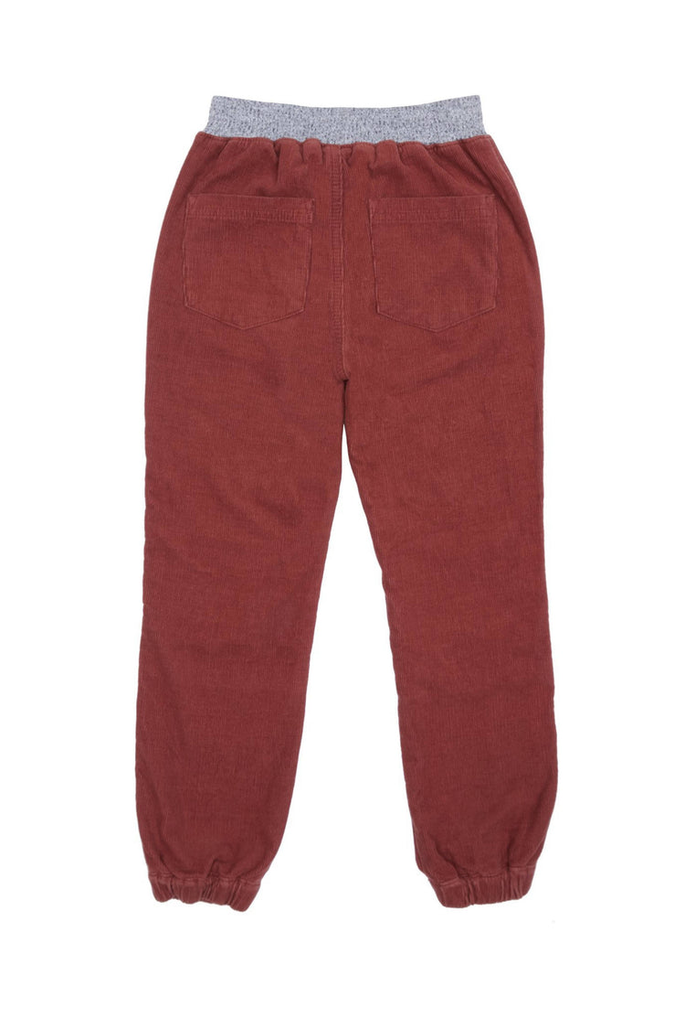 Back of brown corduroy jogger with two back pockets.