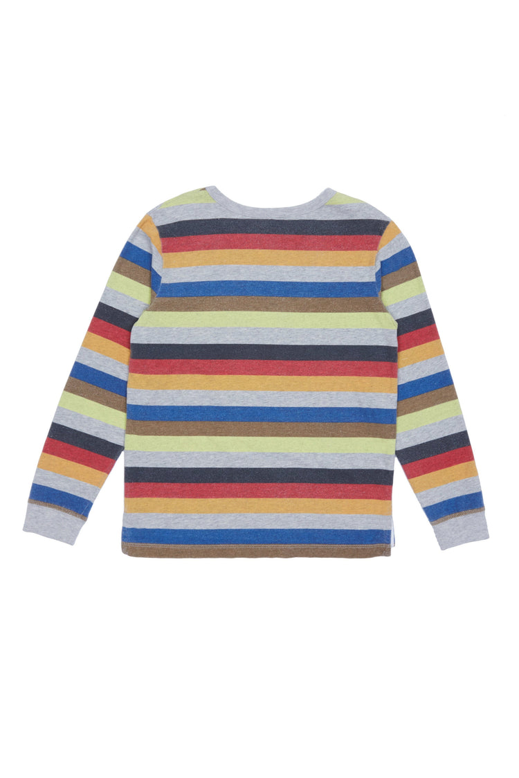Back of long sleeve multi-color stripe crew next top. 