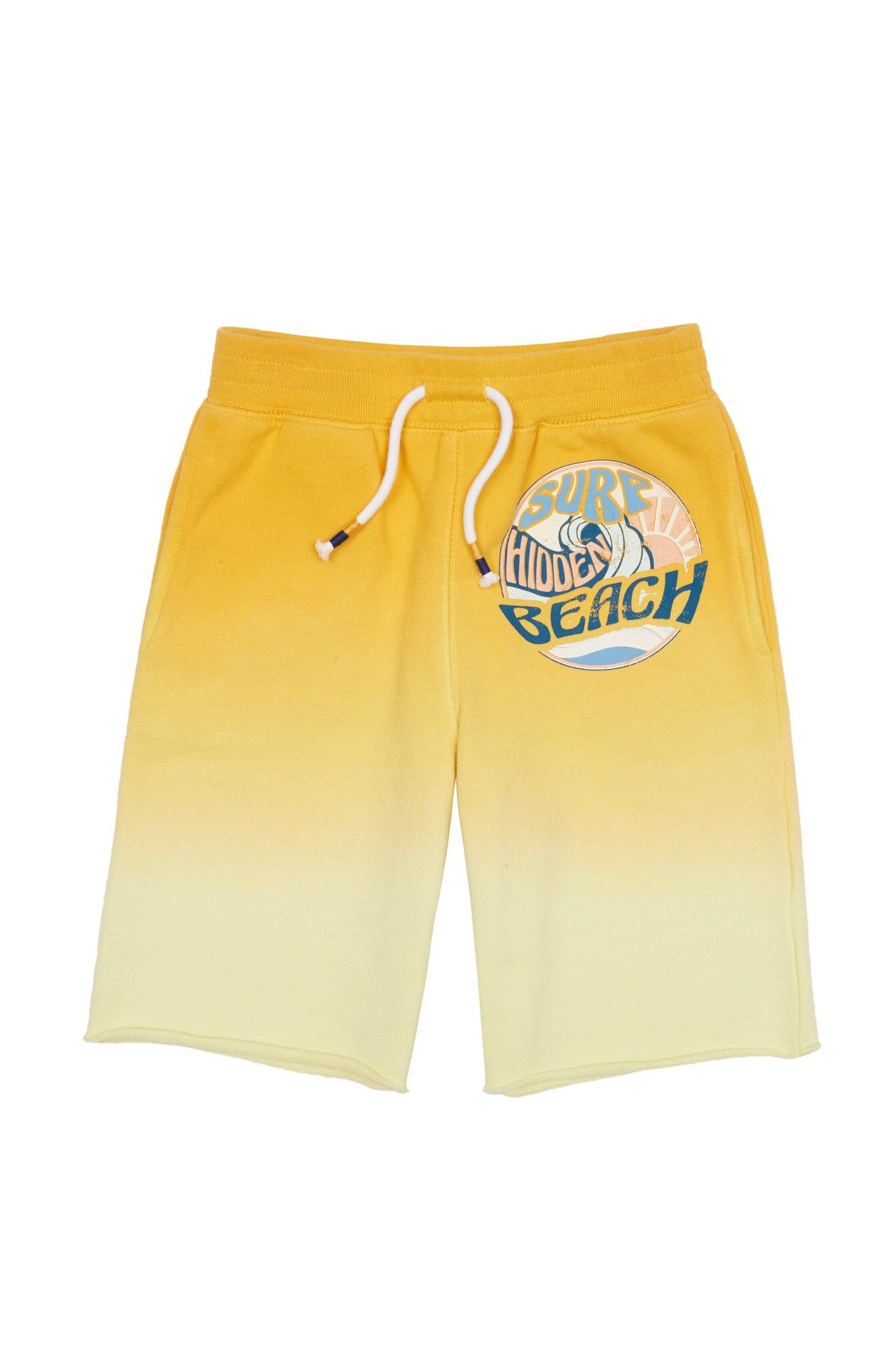 Ombre yellow knit shorts with faux drawstring at elastic waist and beach graphic with words Surf Hidden Beach.