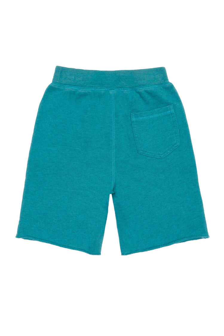 Back of teal-colored, elastic waist knit shorts with one back pocket. 