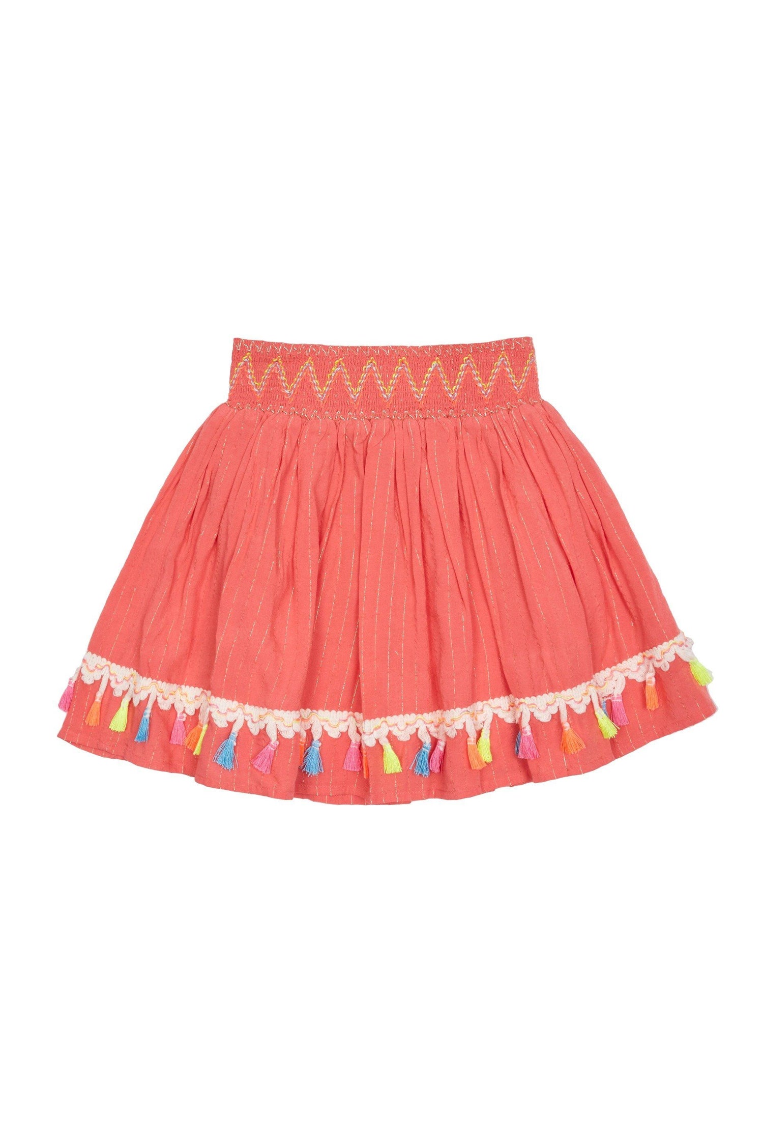 Coral-colored skirt with metallic thread stripes, zig-zag stitching on waist, and embroidered fringe trim along bottom hem. 