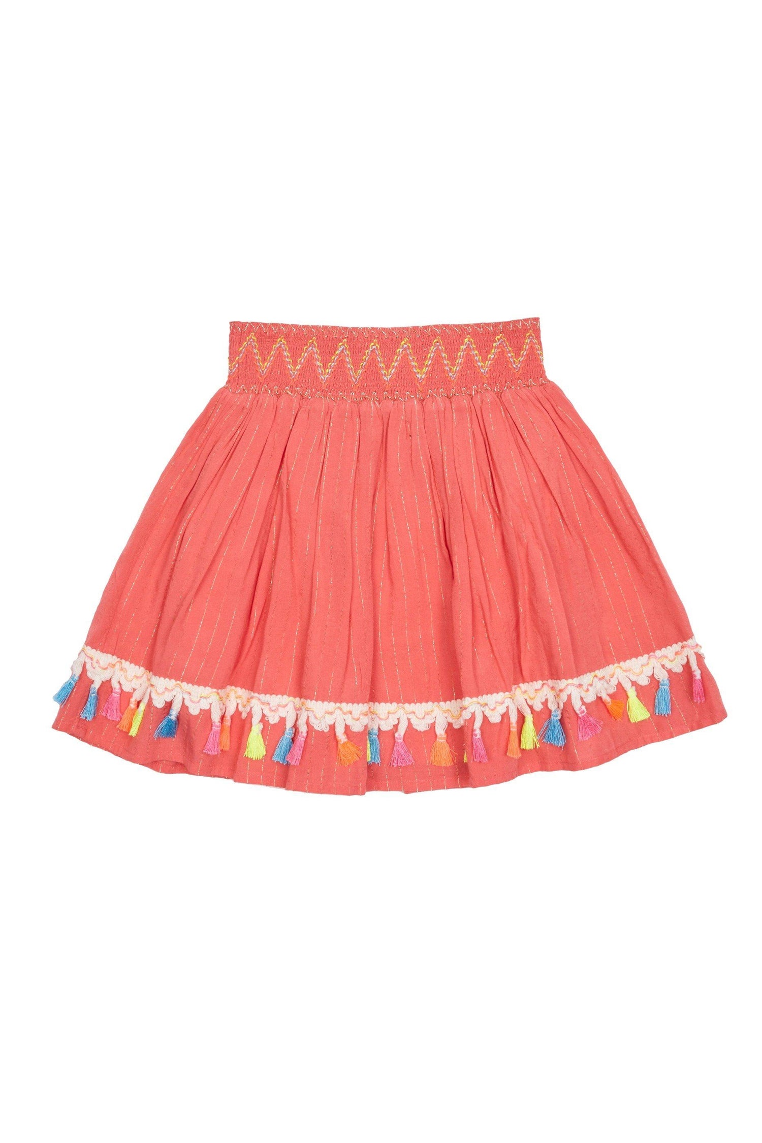 Back up of coral-colored skirt with metallic thread stripes, zig-zag stitching on waist, and embroidered fringe at hem. 