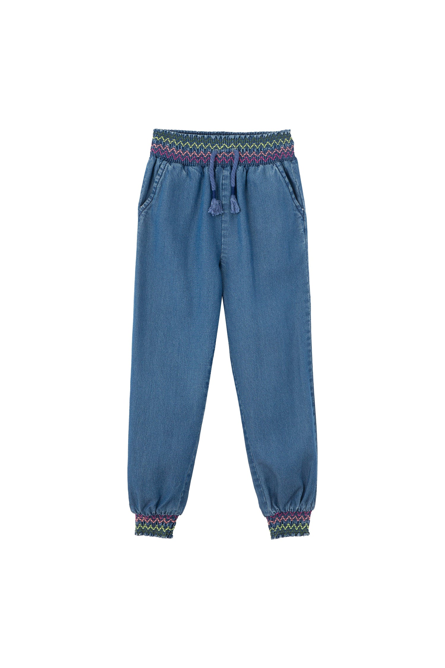 Denim jogger with faux drawstring with fringe and multi-color, zig-zag stitching on elastic waist and ankles.