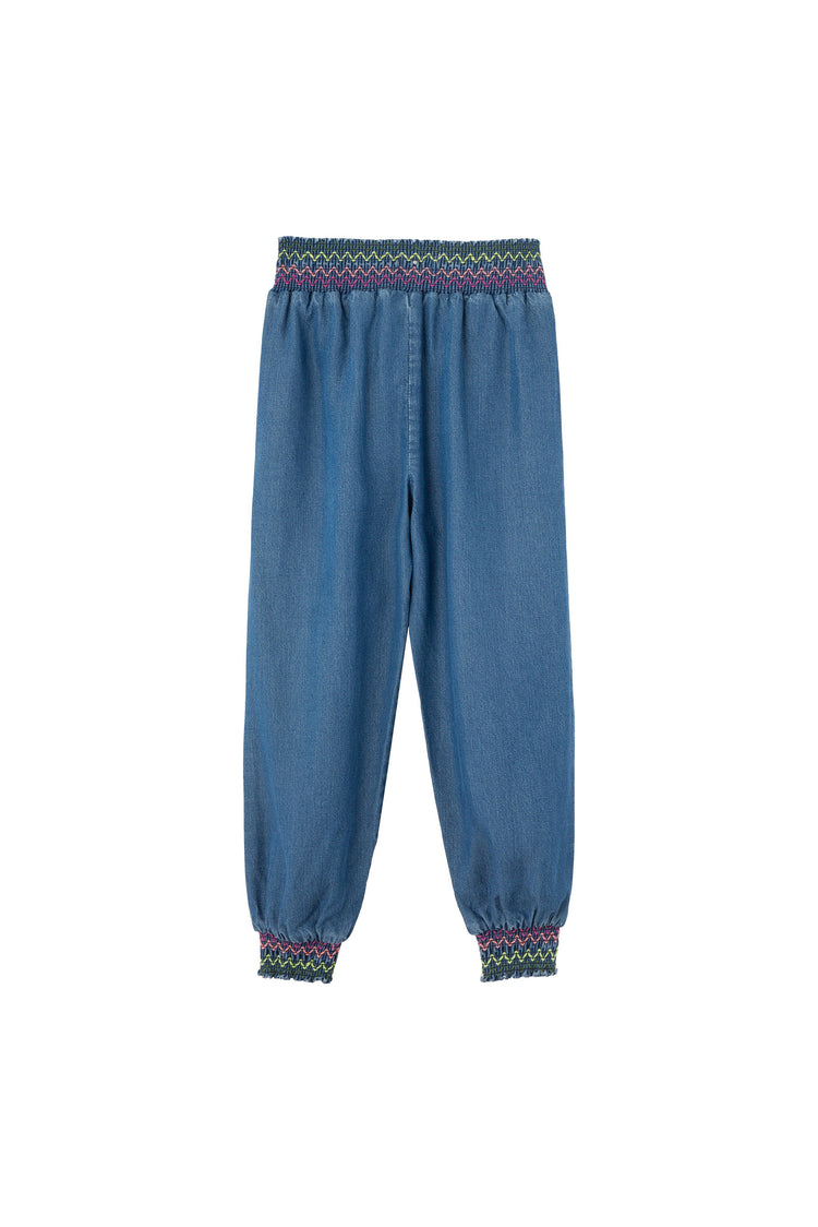 Back of denim jogger with multi-color, zig-zag stitching on elastic waist and ankles.
