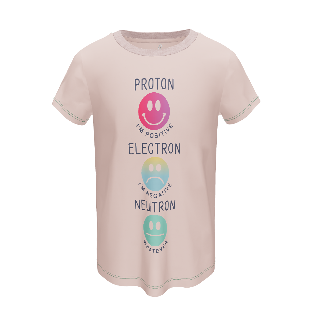 3D image of front view of pink t-shirt with "Proton, electron, neutron" wording 