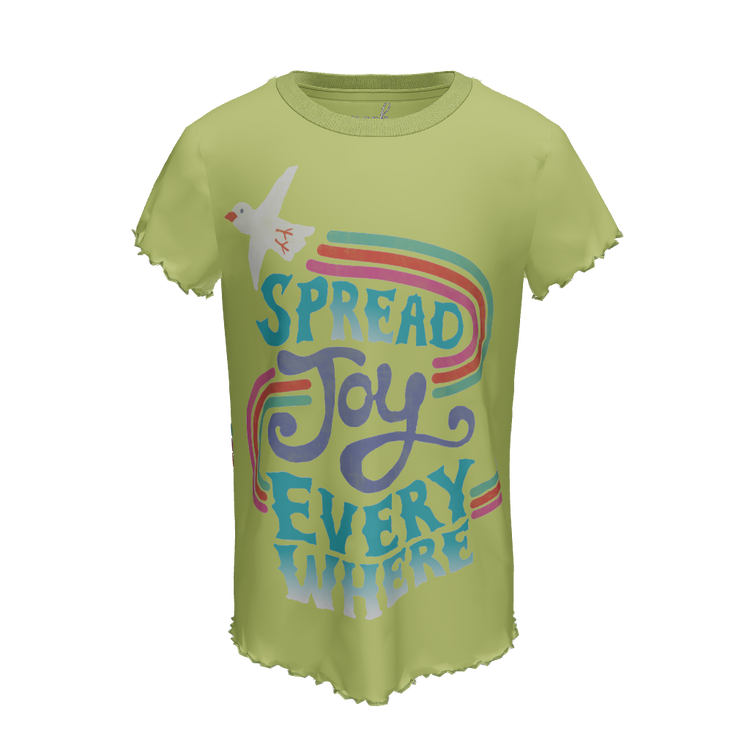 3D VIEW OF YELLOW T-SHIRT WITH THE WORDS "SPREAD PEACE EVERY WHERE"