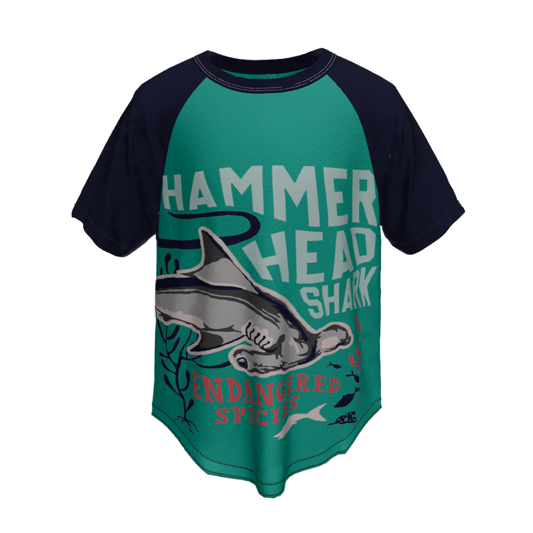 3D image of Front view of blue baseball tee style shirt with Hammerhead shark image and wording 