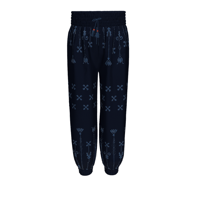 3D image of front view of dark blue jogger with light blue details 