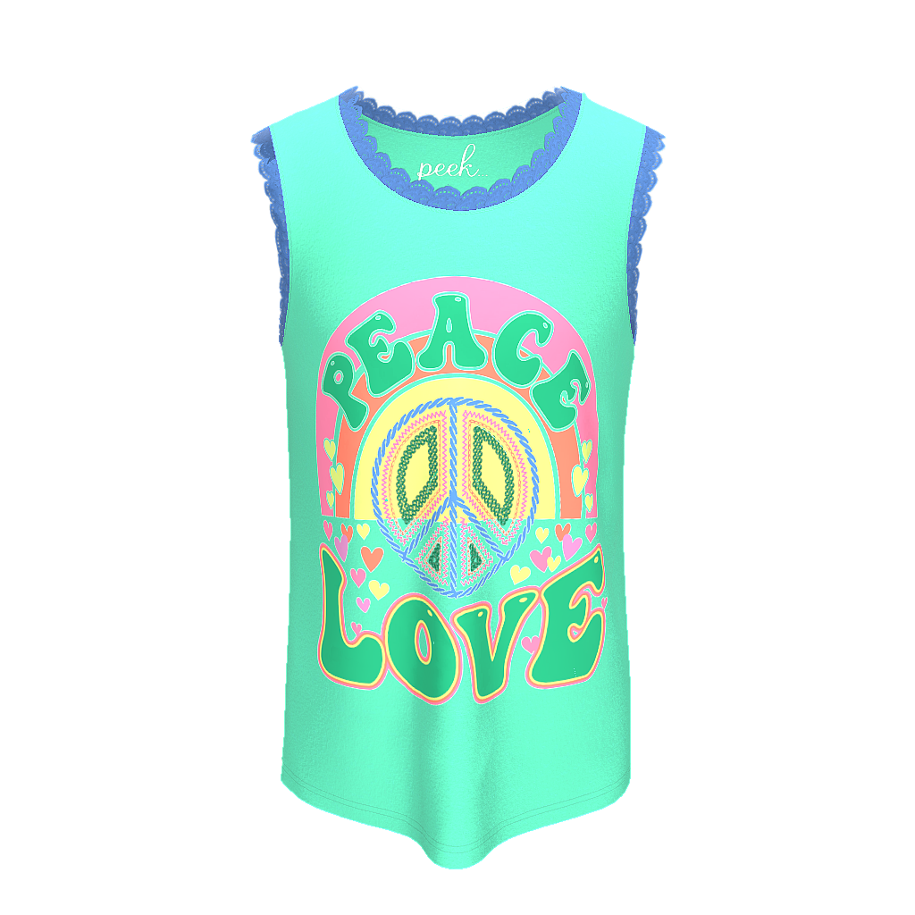 3D VIEW OF PEACE AND LOVE CROCHET TRIM TANK