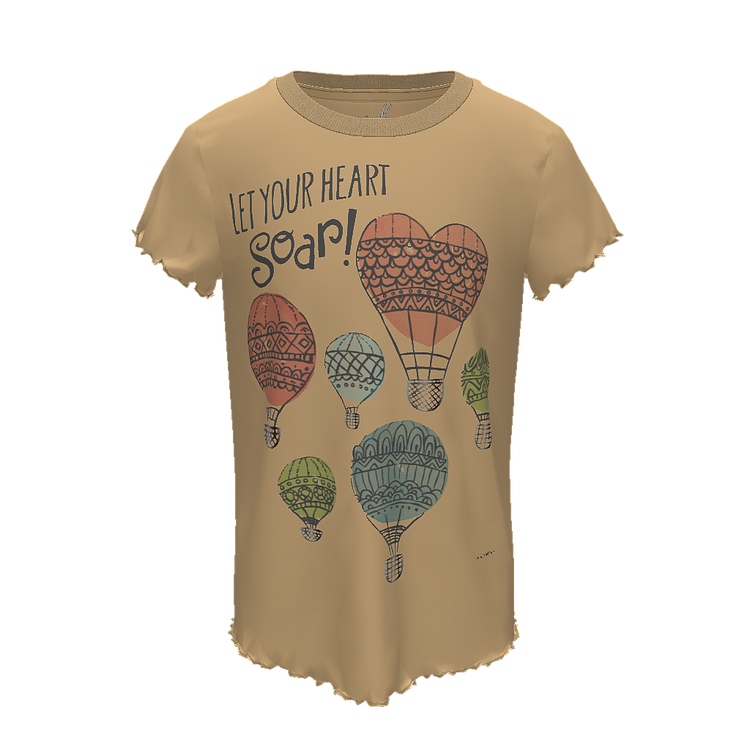 3D image of Front view of yellow shirt with hot air balloon image and "let your heart soar"