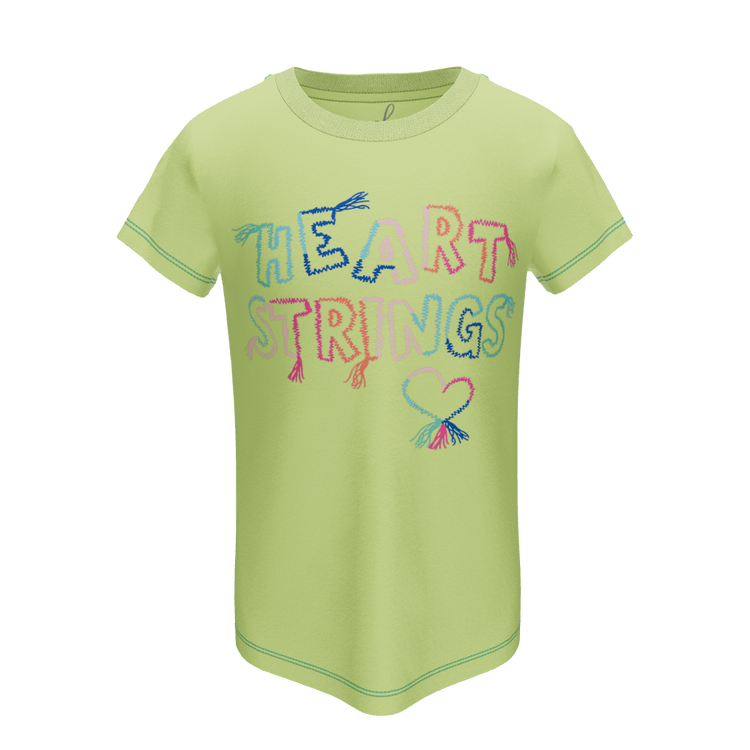 3D VIEW OF LIME T-SHIRT WITH "HEART STRINGS" EMBROIDERY
