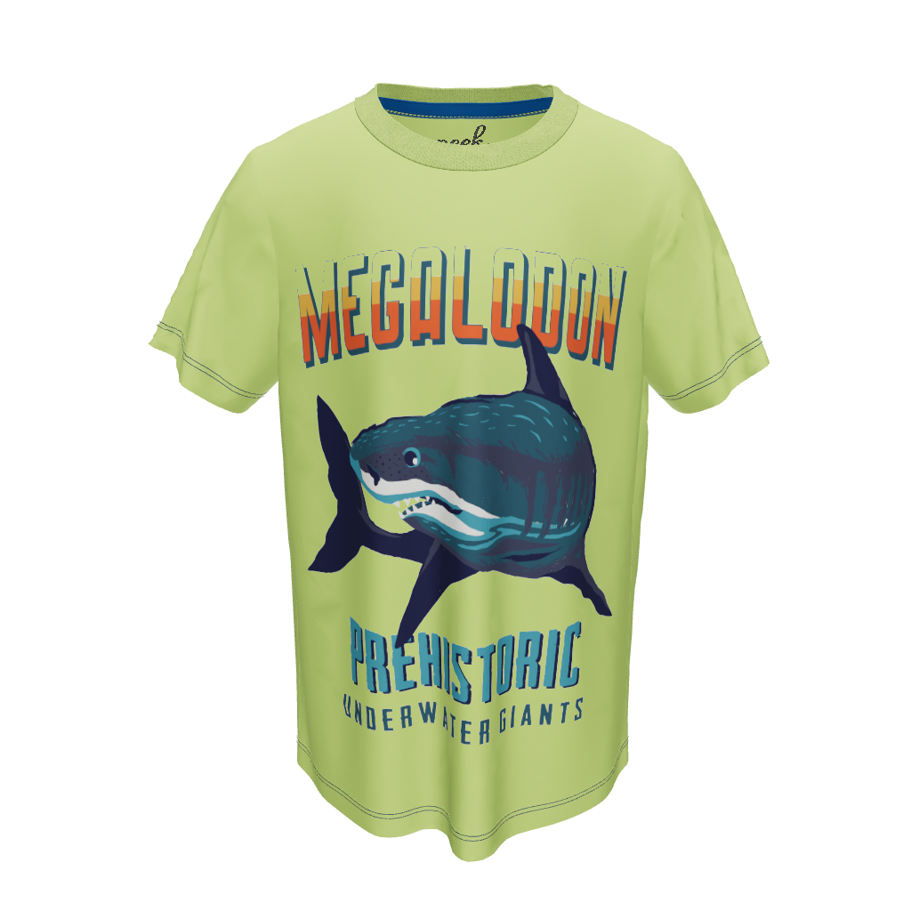 3D VIEW OF GREEN T-SHIRT WITH SHARK GRAPHIC AND "MEGALODON PREHISTORIC UNDERWATER GIANTS"