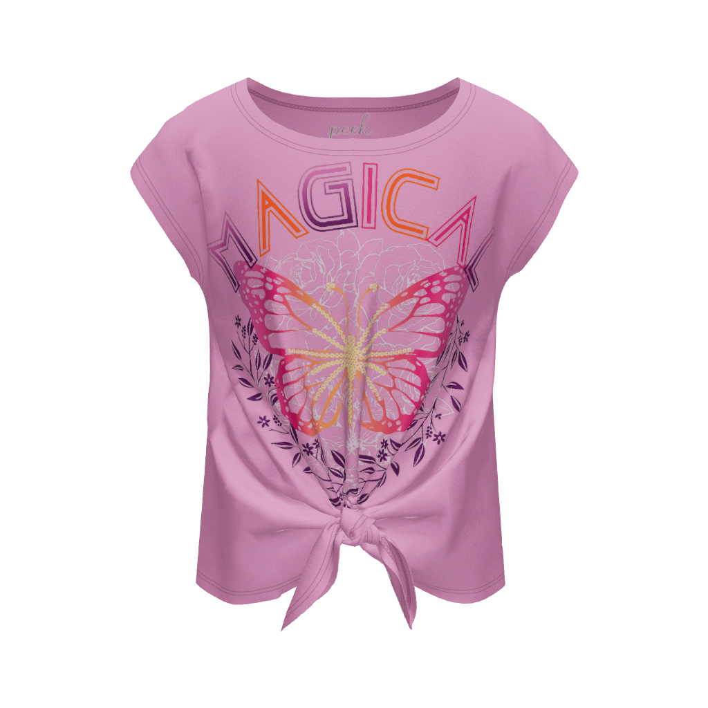 3D VIEW OF PINK TIE FRONT TOP WITH SEQUIN BUTTERFLY AND "MAGICAL"