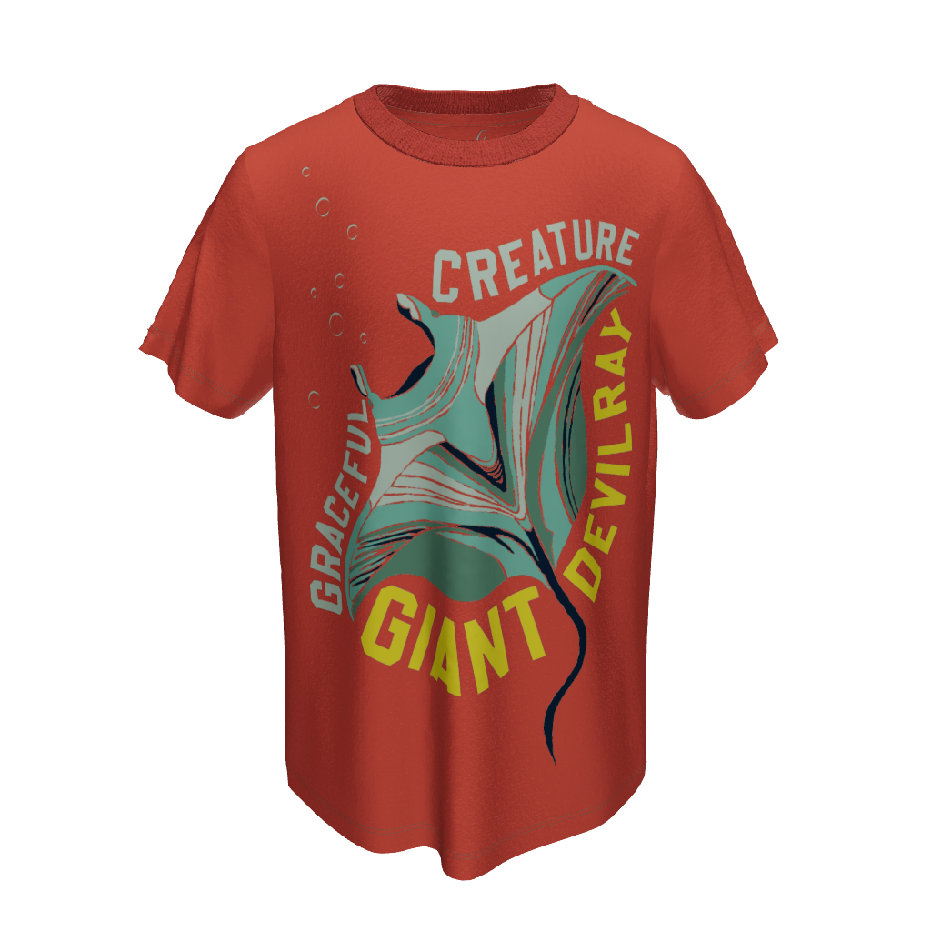 3D image of Front view of T-shirt with devil ray image and wording 