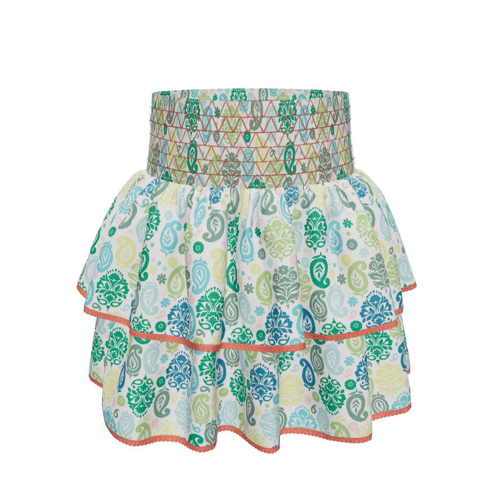 3D image of front view of blue and green multi-ruffle skirt