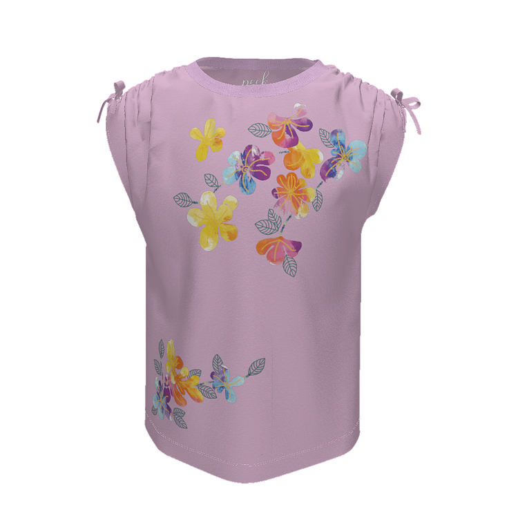 3D VIEW OF PINK SHORT-SLEEVE TOP WITH APPLIQUED FLOWERS