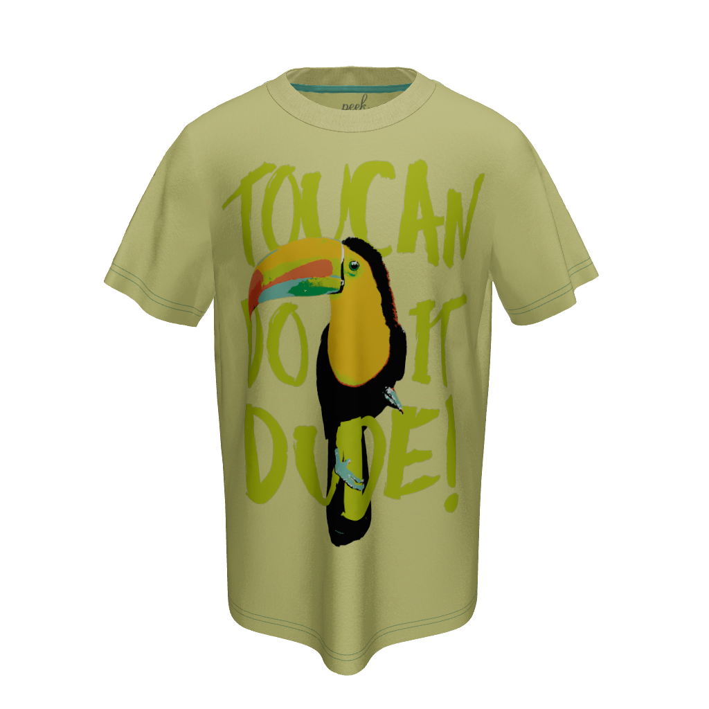 3D VIEW OF YELLOW T-SHIRT WITH A TOUCAN AND "TOUCAN DO IT DUDE"