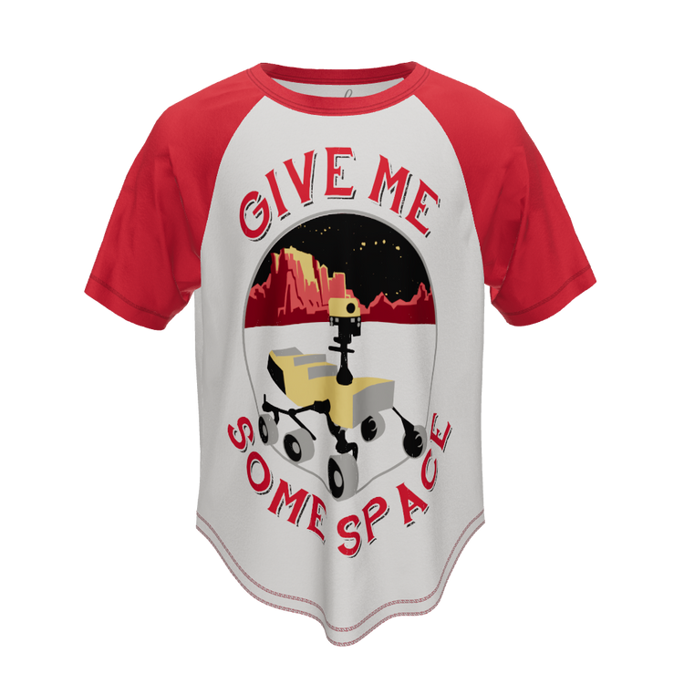 3D VIEW OF RED AND WHITE RAGLAN T-SHIRT WITH "GIVE ME SOME SPACE"