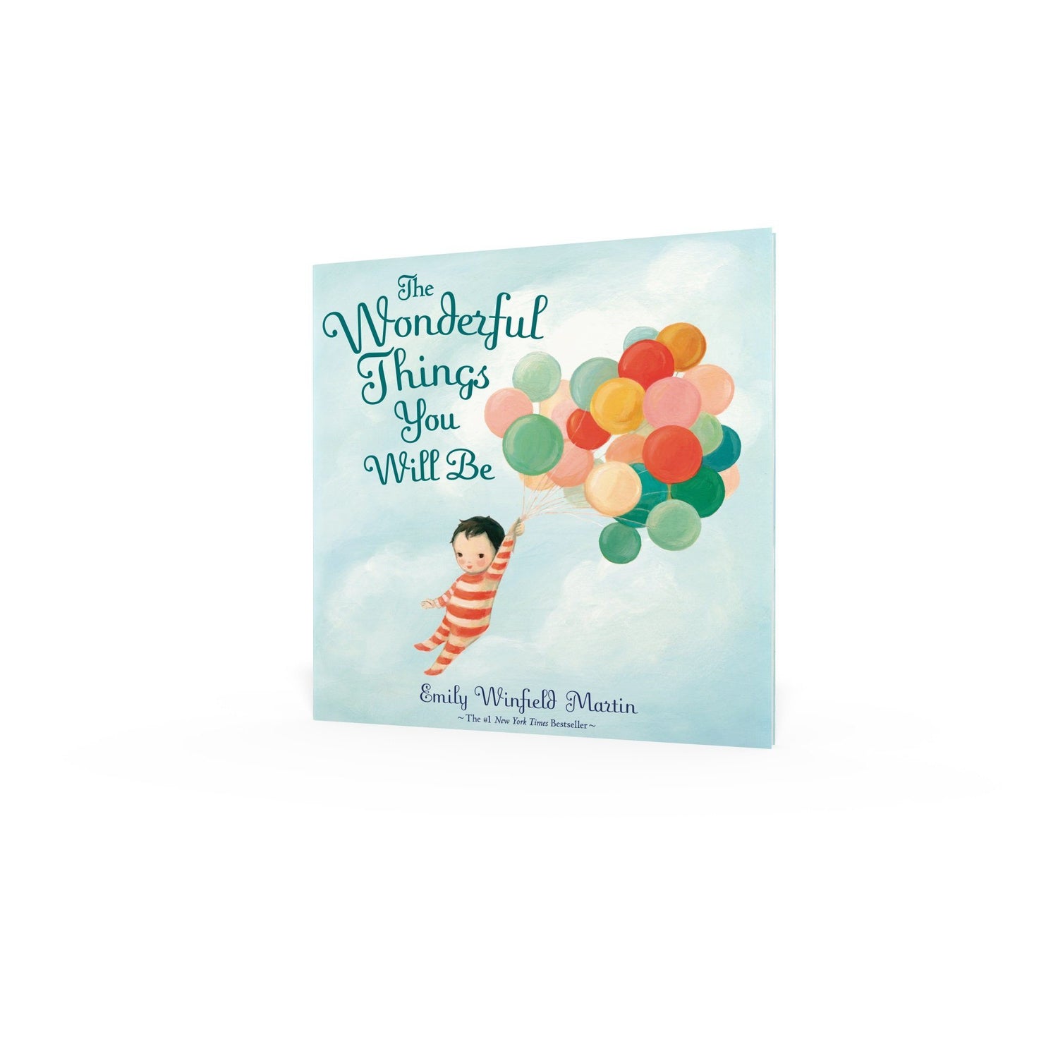 The Wonderful Things you Will Be book cover with illustration of baby in red and yellow onesie holding multi-color balloons. 
